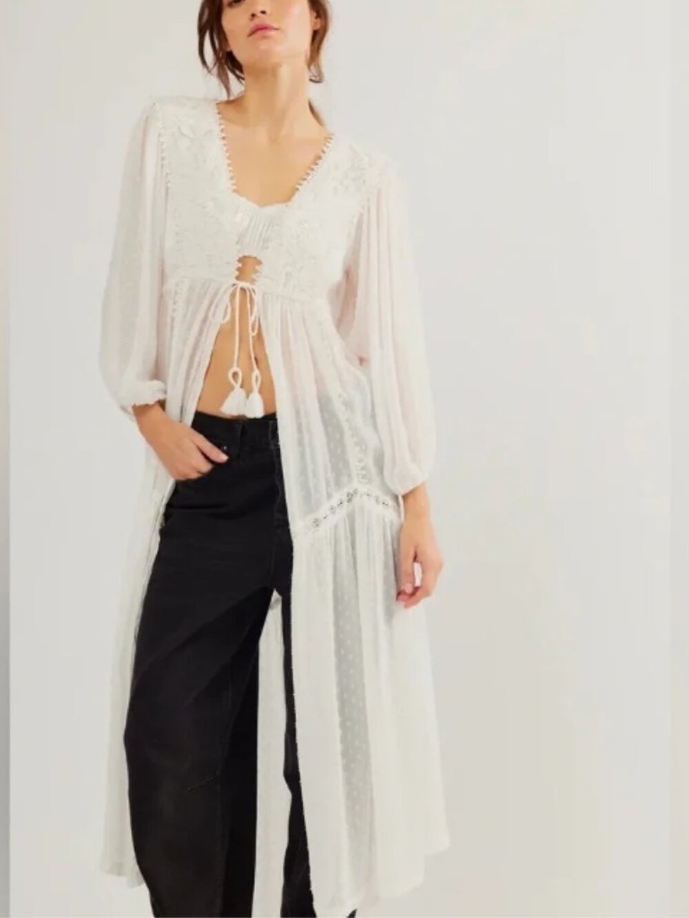 Intimately Free People Spring Fling Robe Ivory Crochet Polka Dot Sheer Size XS